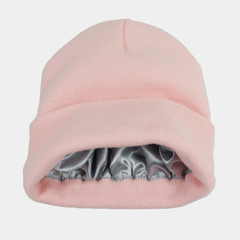 H00023 Einfarbige Strickmütze für Erwachsene mit Satinfutter