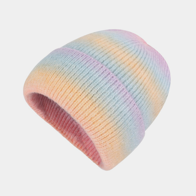 H00031 Mehrfarbige Strickmütze aus Acryl mit Batikmuster in Regenbogenfarben