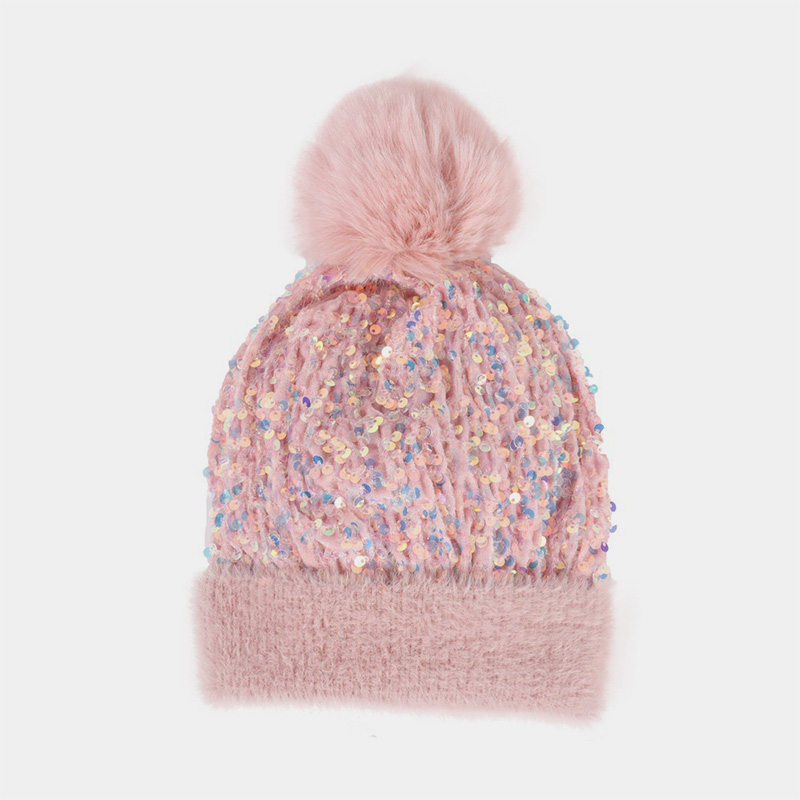 H00029 Pailletten-Strickmütze mit abnehmbarem Pompon