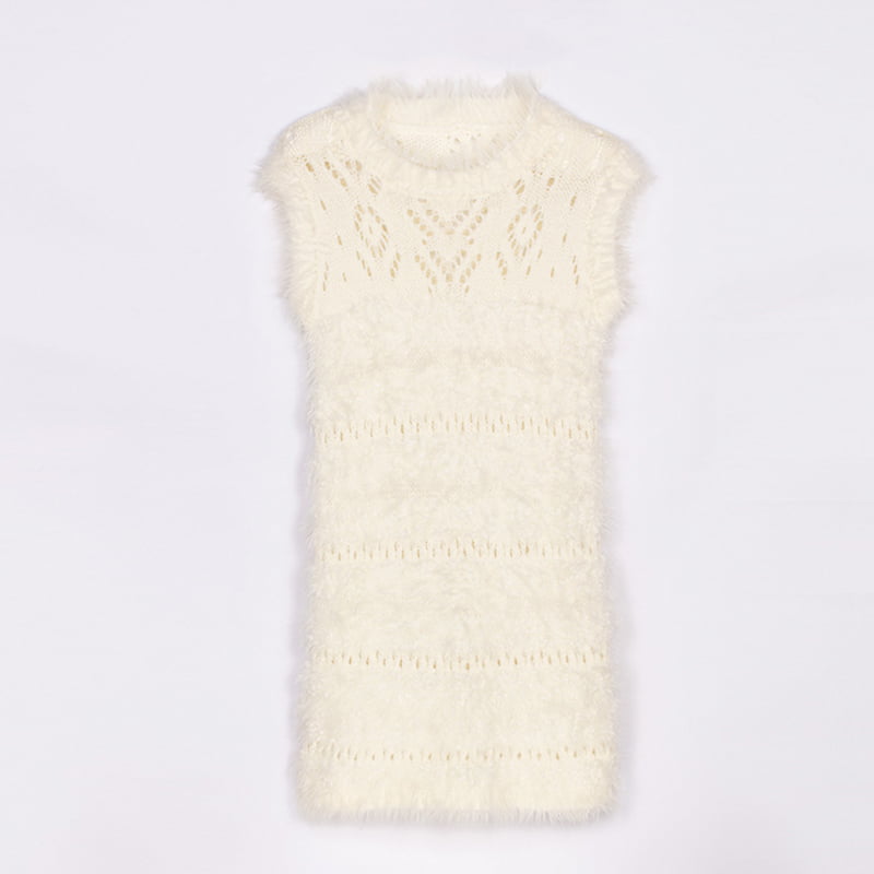 SM-K0043 Ärmelloses Sommer-Strickkleid aus Mohair mit französischem Hohlbodenkleid
