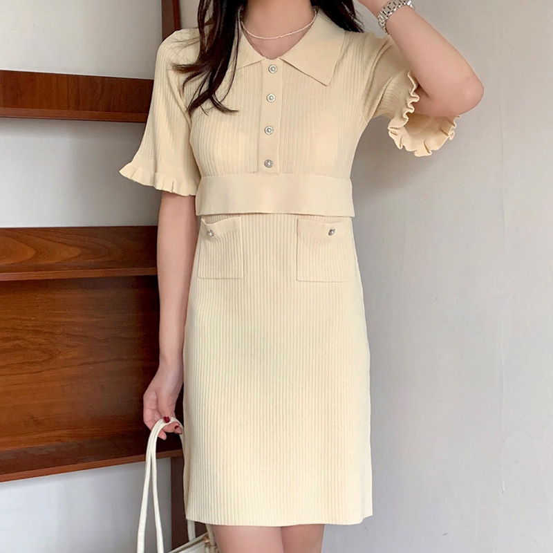 SM-K0027 Temperament Kleiner Duft Hemdkragen Fliegende Ärmel Gerade Strickkleid SM-K0027 Temperament Kleiner Duft Hemdkragen Fliegende Ärmel Gerade Strickkleid