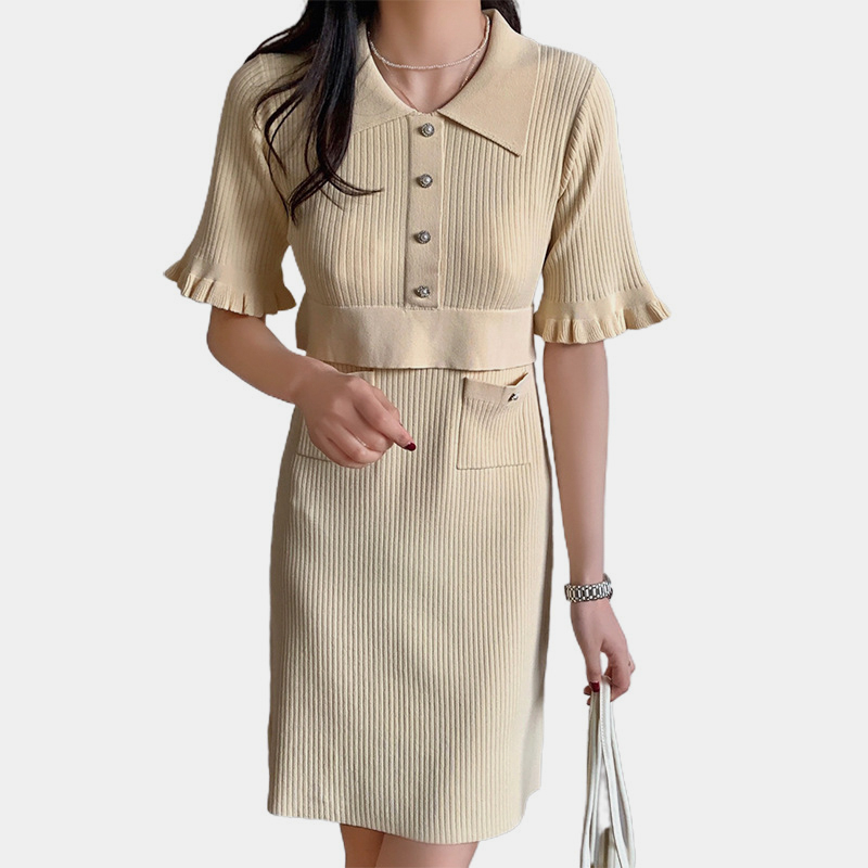 SM-K0027 Temperament Kleiner Duft Hemdkragen Fliegende Ärmel Gerade Strickkleid