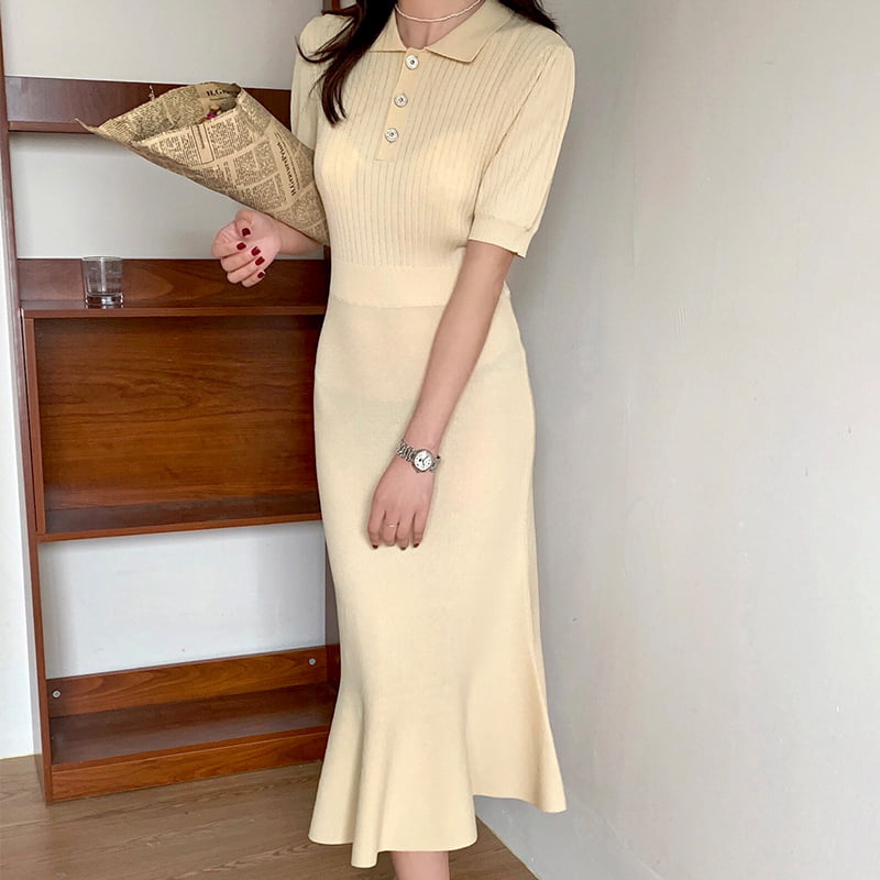 SM-K0021 Frühling Damen Einreiher Revers Temperament Pendler Strickkleid