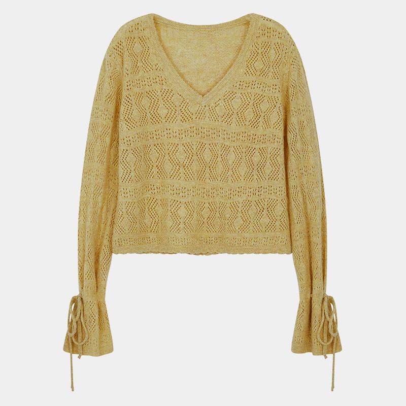 ML2201 Strickpullover mit V-Ausschnitt und ausgeschnittenen Bündchen zum Binden