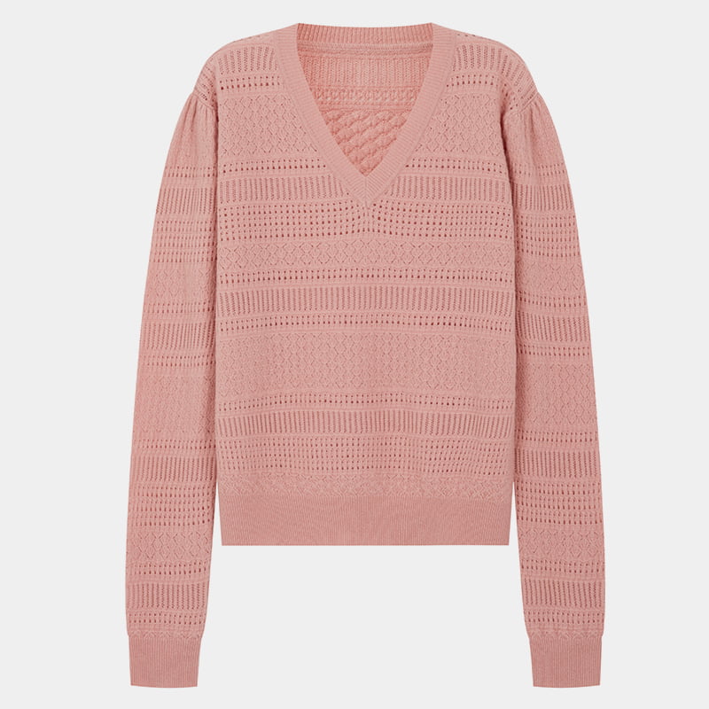 ML2202 Lederrosa hohler dünner Strickpullover mit V-Ausschnitt