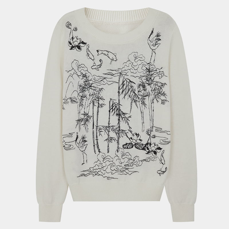 ML2209 Strickpullover mit weicher Kritzelstickerei aus Kammgarn und Rundhalsausschnitt
