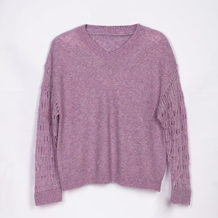 SM-K0040 Kurzer, paillettenbesetzter Mohair-Strickpullover mit V-Ausschnitt und Superfeen-Ausschnittärmeln