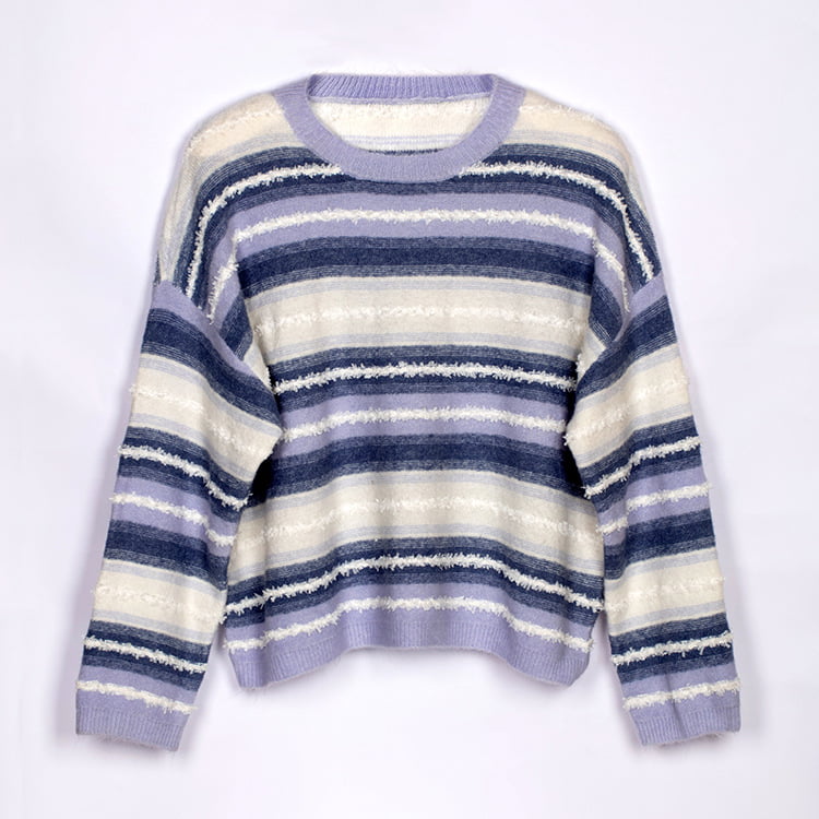 SM-K0047 Gestreifter, süßer, Patchwork-Strickpullover mit Rundhalsausschnitt und Farbverlauf