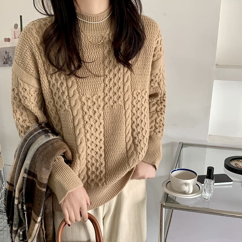 SM-K0024 Twisted Rollkragenpullover, lockerer Strickpullover