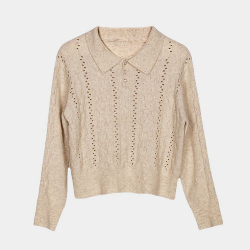 SM-K0012 Frühling Herbst Polo-Revers Einfarbiger Strickpullover mit ausgehöhltem Boden