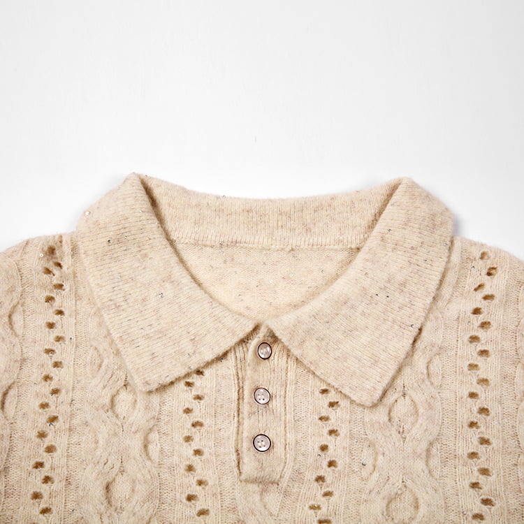 SM-K0012 Frühling Herbst Polo-Revers Einfarbiger Strickpullover mit ausgehöhltem Boden SM-K0012 Frühling Herbst Polo-Revers Einfarbiger Strickpullover mit ausgehöhltem Boden