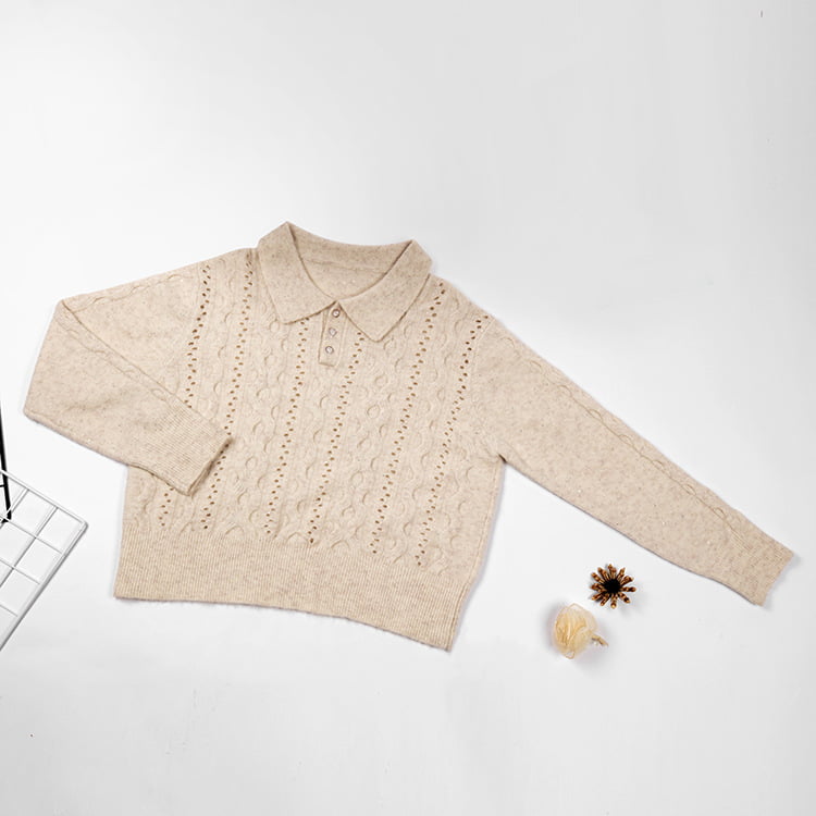 SM-K0012 Frühling Herbst Polo-Revers Einfarbiger Strickpullover mit ausgehöhltem Boden SM-K0012 Frühling Herbst Polo-Revers Einfarbiger Strickpullover mit ausgehöhltem Boden