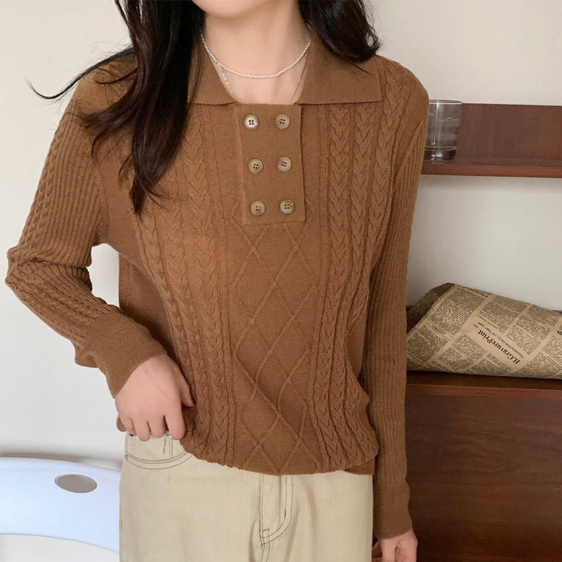 SM-K0026 Zweireihiger Damen-Pendler-Langarm-Strickpullover mit kleinem Revers