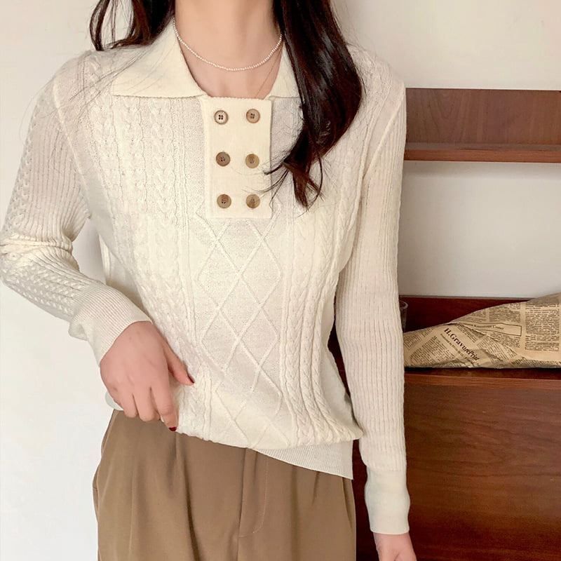 SM-K0026 Zweireihiger Damen-Pendler-Langarm-Strickpullover mit kleinem Revers SM-K0026 Zweireihiger Damen-Pendler-Langarm-Strickpullover mit kleinem Revers