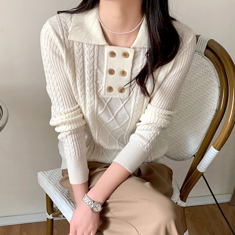 SM-K0026 Zweireihiger Damen-Pendler-Langarm-Strickpullover mit kleinem Revers SM-K0026 Zweireihiger Damen-Pendler-Langarm-Strickpullover mit kleinem Revers