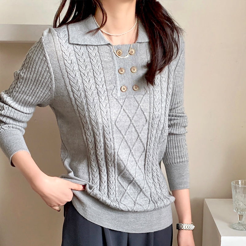 SM-K0026 Zweireihiger Damen-Pendler-Langarm-Strickpullover mit kleinem Revers SM-K0026 Zweireihiger Damen-Pendler-Langarm-Strickpullover mit kleinem Revers