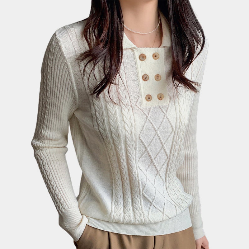 SM-K0026 Zweireihiger Damen-Pendler-Langarm-Strickpullover mit kleinem Revers SM-K0026 Zweireihiger Damen-Pendler-Langarm-Strickpullover mit kleinem Revers
