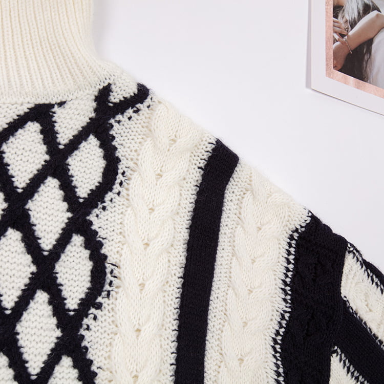 SM-K0045 Schwarz-weiß gedrehter Mohair-Kontrastpullover mit hohem Kragen und dickem Strickpullover SM-K0045 Schwarz-weiß gedrehter Mohair-Kontrastpullover mit hohem Kragen und dickem Strickpullover