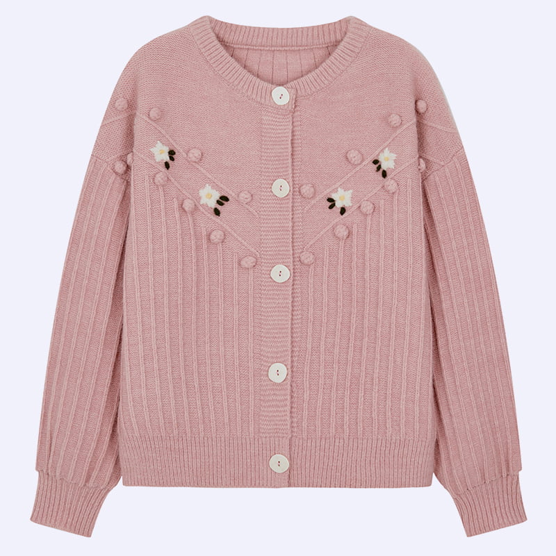 ML2211 Niedlicher Strickjackenpullover mit Rundhalsausschnitt und Puffärmeln