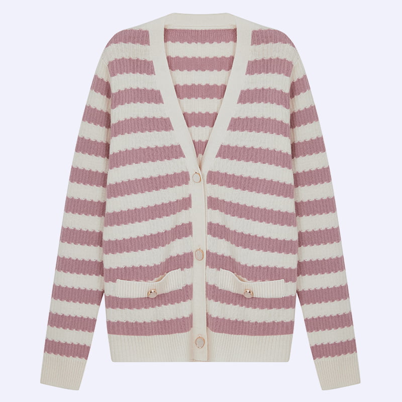 ML2204 Rosa und weiß gestreifte Strickjacke mit V-Ausschnitt