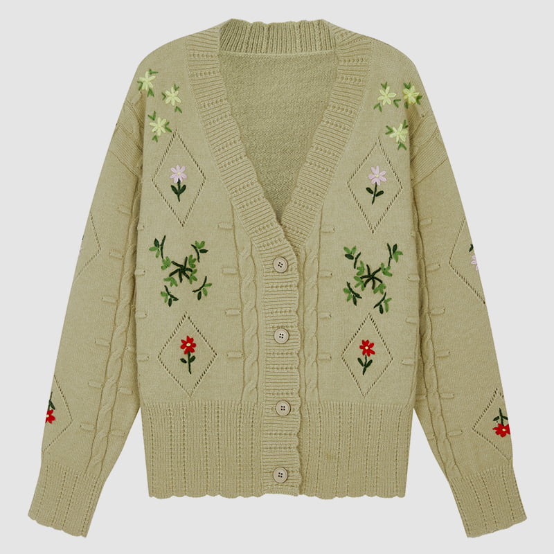ML2213 Retro japanische handgemachte Strickjacke in Avocadogrün