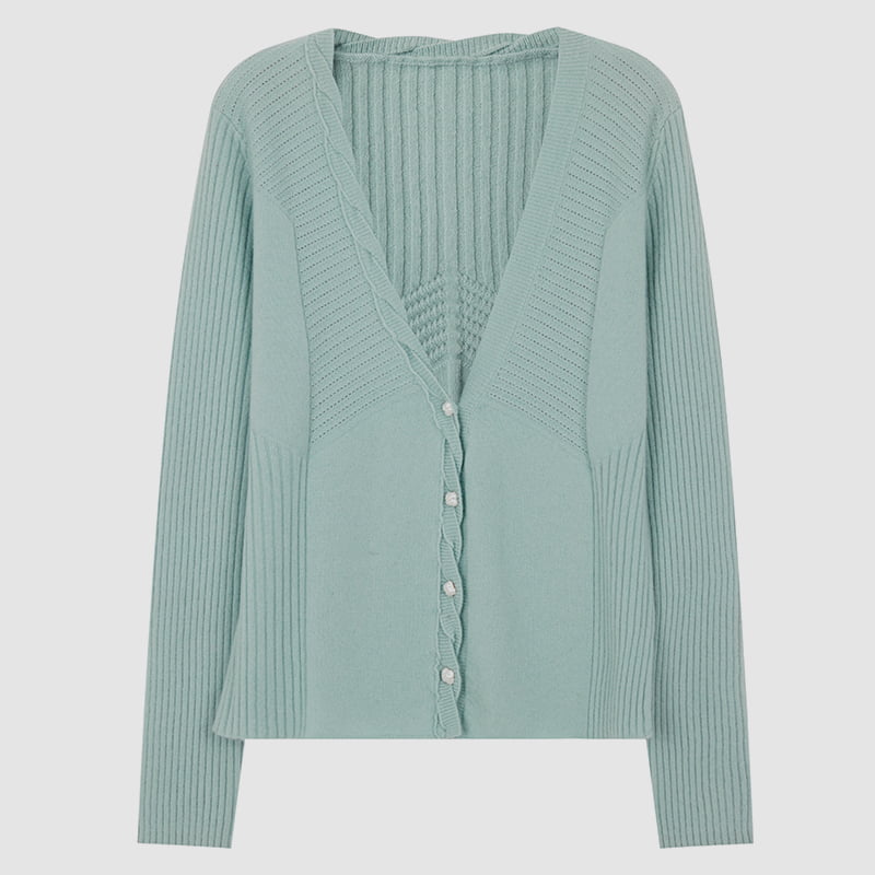 ML2218 Einreihiger Twist-Strick-Cardigan mit V-Ausschnitt und Blütenblattknöpfen