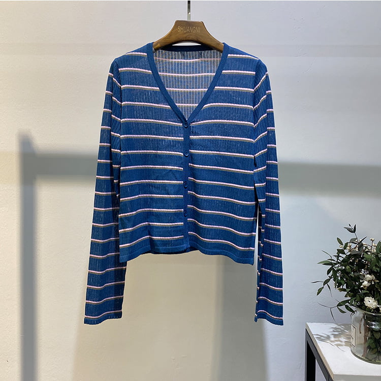 SM-K0001 Sommer-Damen-Oberbekleidung, koreanische Leinen-Streifen-Sonnenblock-Strickjacke