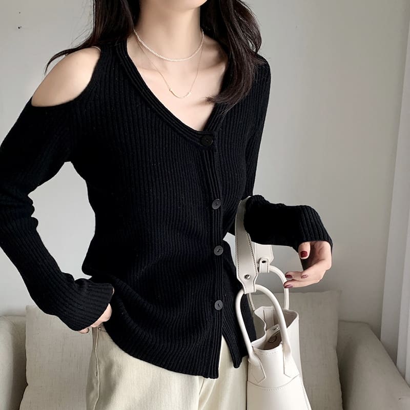 SM-K0022 Off-Shoulder-Strickjacke mit V-Ausschnitt, schlankem und langärmligem Nischendesign