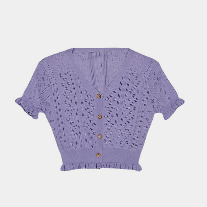 SM-K0015 Sommer-Strickjacke mit V-Ausschnitt, kurz, dünn, kurzärmelig, ausgehöhlt, aus Eisseide