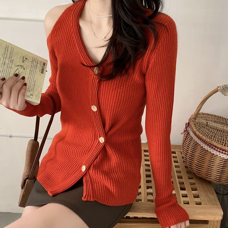 SM-K0022 Off-Shoulder-Strickjacke mit V-Ausschnitt, schlankem und langärmligem Nischendesign SM-K0022 Off-Shoulder-Strickjacke mit V-Ausschnitt, schlankem und langärmligem Nischendesign