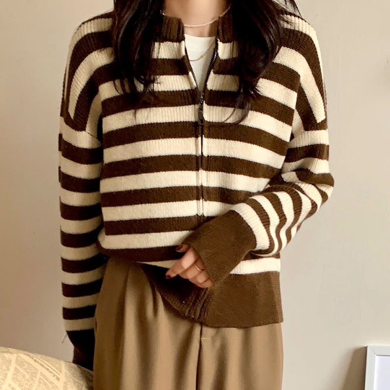 SM-K0029 Frühlings-Damen-Rundhalspullover, gestreifter Reißverschluss-Pullover-Strickjacke