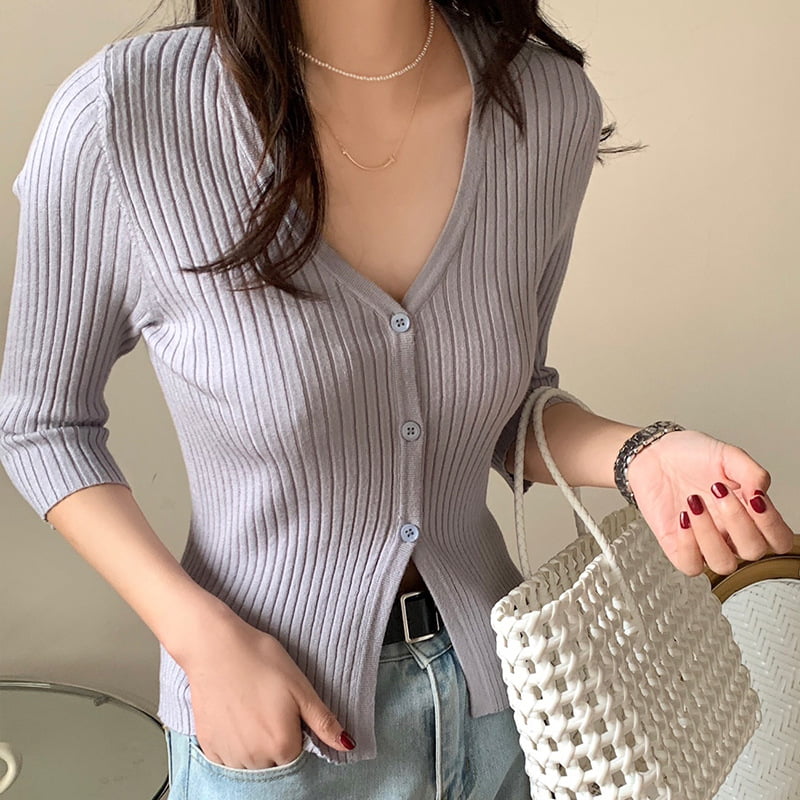 SM-K0023 Frühlings-Damen-Strickjacke, einreihig, V-Ausschnitt, mittellange Ärmel, schmale Passform SM-K0023 Frühlings-Damen-Strickjacke, einreihig, V-Ausschnitt, mittellange Ärmel, schmale Passform