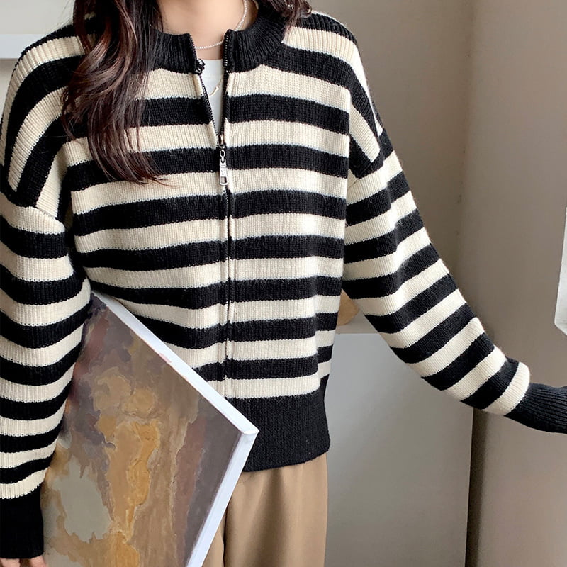 SM-K0029 Frühlings-Damen-Rundhalspullover, gestreifter Reißverschluss-Pullover-Strickjacke SM-K0029 Frühlings-Damen-Rundhalspullover, gestreifter Reißverschluss-Pullover-Strickjacke