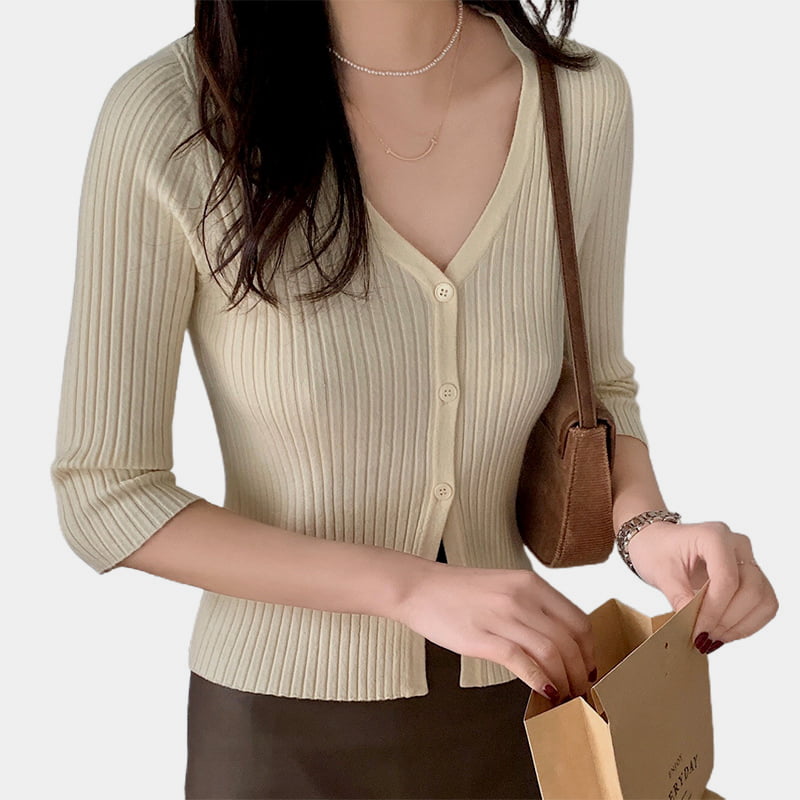 SM-K0023 Frühlings-Damen-Strickjacke, einreihig, V-Ausschnitt, mittellange Ärmel, schmale Passform SM-K0023 Frühlings-Damen-Strickjacke, einreihig, V-Ausschnitt, mittellange Ärmel, schmale Passform