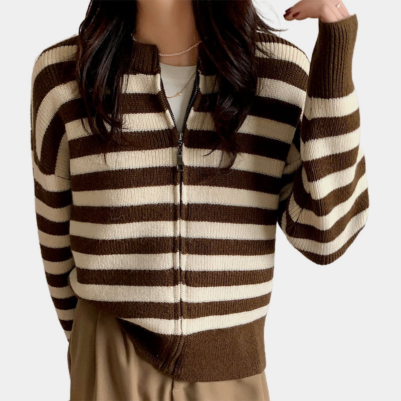 SM-K0029 Frühlings-Damen-Rundhalspullover, gestreifter Reißverschluss-Pullover-Strickjacke SM-K0029 Frühlings-Damen-Rundhalspullover, gestreifter Reißverschluss-Pullover-Strickjacke
