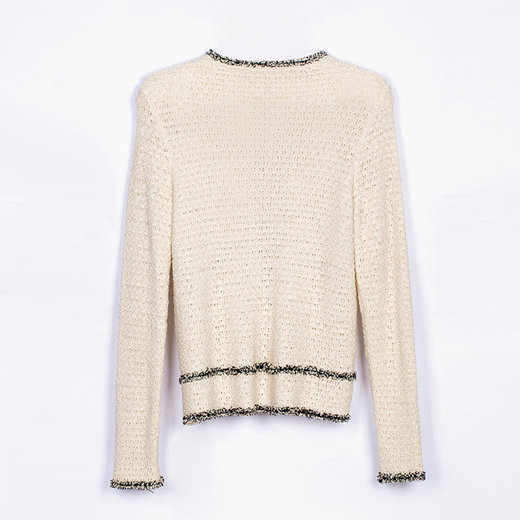 SM-K0049 Strickjacke in Kontrastfarbe mit Rundhalsausschnitt und kleinen, duftenden Fransen SM-K0049 Strickjacke in Kontrastfarbe mit Rundhalsausschnitt und kleinen, duftenden Fransen