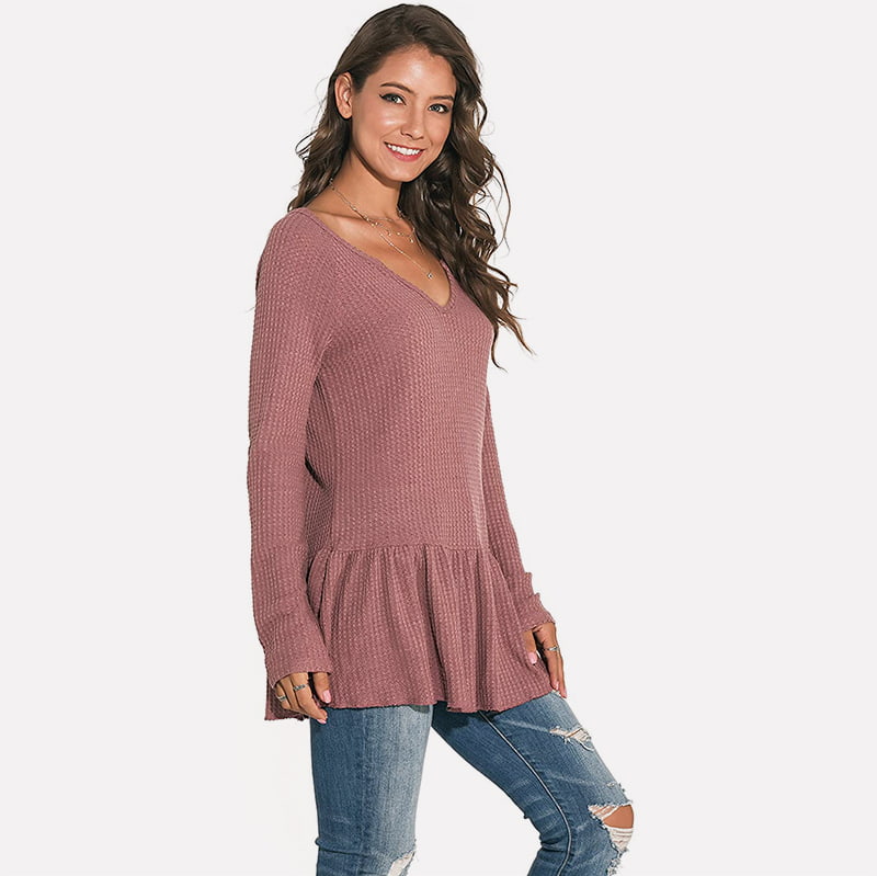 SM-K0096 Langer Strickpullover mit Volant und V-Ausschnitt, lässiger Pullover SM-K0096 Langer Strickpullover mit Volant und V-Ausschnitt, lässiger Pullover