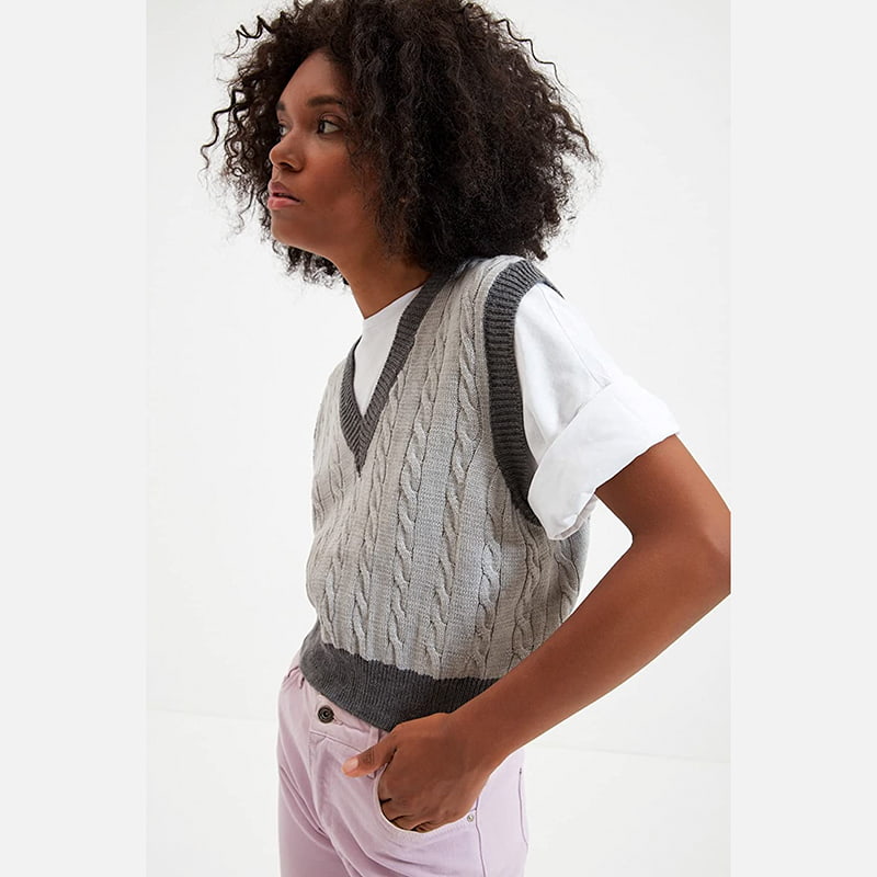 SM-K0100 Exquisite kontrastierende Strickweste mit V-Ausschnitt SM-K0100 Exquisite kontrastierende Strickweste mit V-Ausschnitt