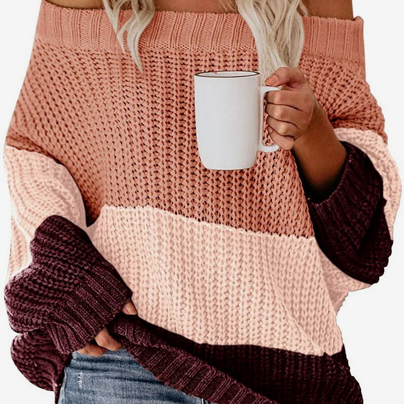 SM-K0080 Langarm-Strickpullover aus Wolle mit Kontrast-Patchwork und Rundhalsausschnitt