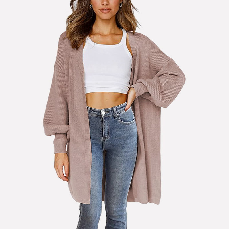 SM-K0061 Mittellange Strickjacke mit V-Ausschnitt und Laternenärmeln