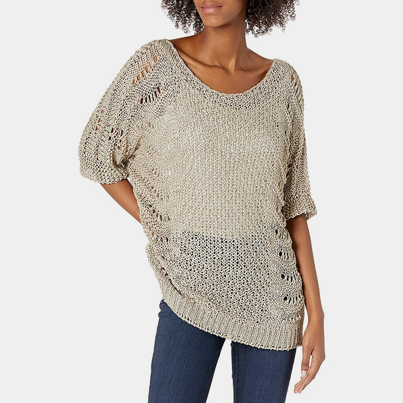 SM-K0060 Rundhalsausschnitt, ausgehöhlter Strickpullover mit Sonnenschutz und kurzen Ärmeln