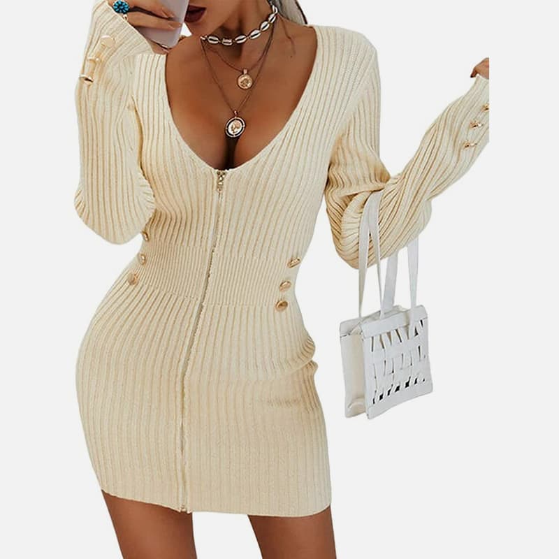 SM-K0078 Kurzes, dünnes Strickkleid mit V-Ausschnitt, langen Ärmeln und Reißverschluss SM-K0078 Kurzes, dünnes Strickkleid mit V-Ausschnitt, langen Ärmeln und Reißverschluss