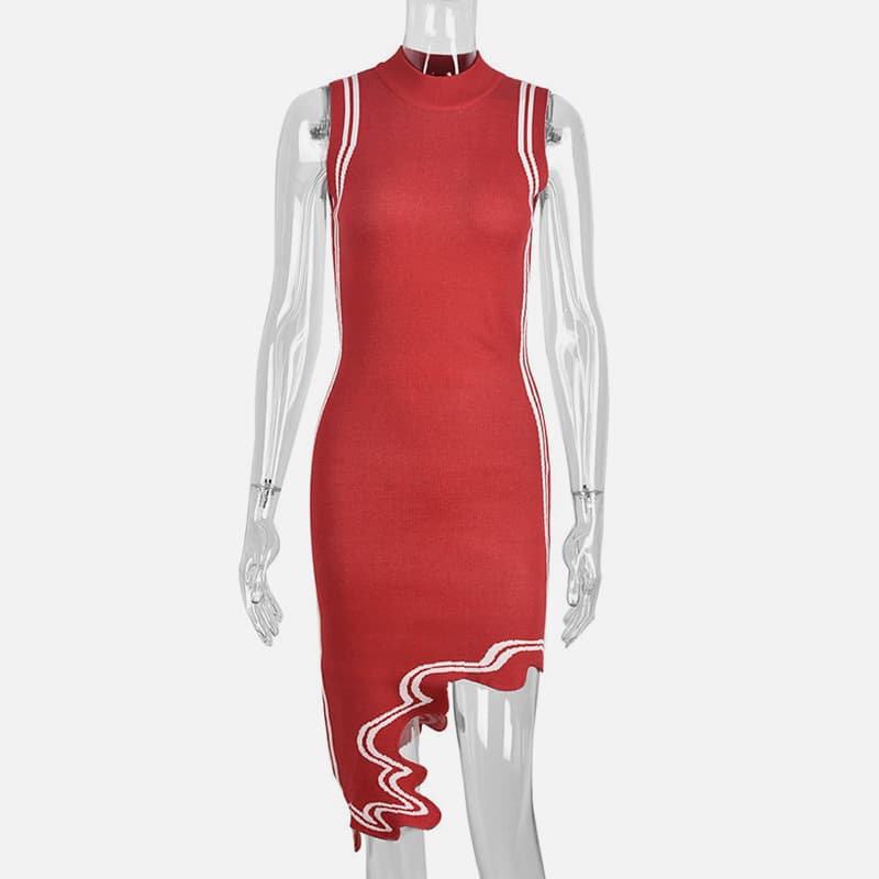 SM-K0079 Ärmelloses asymmetrisches Strickkleid mit Rundhalsausschnitt und unregelmäßigen Streifen