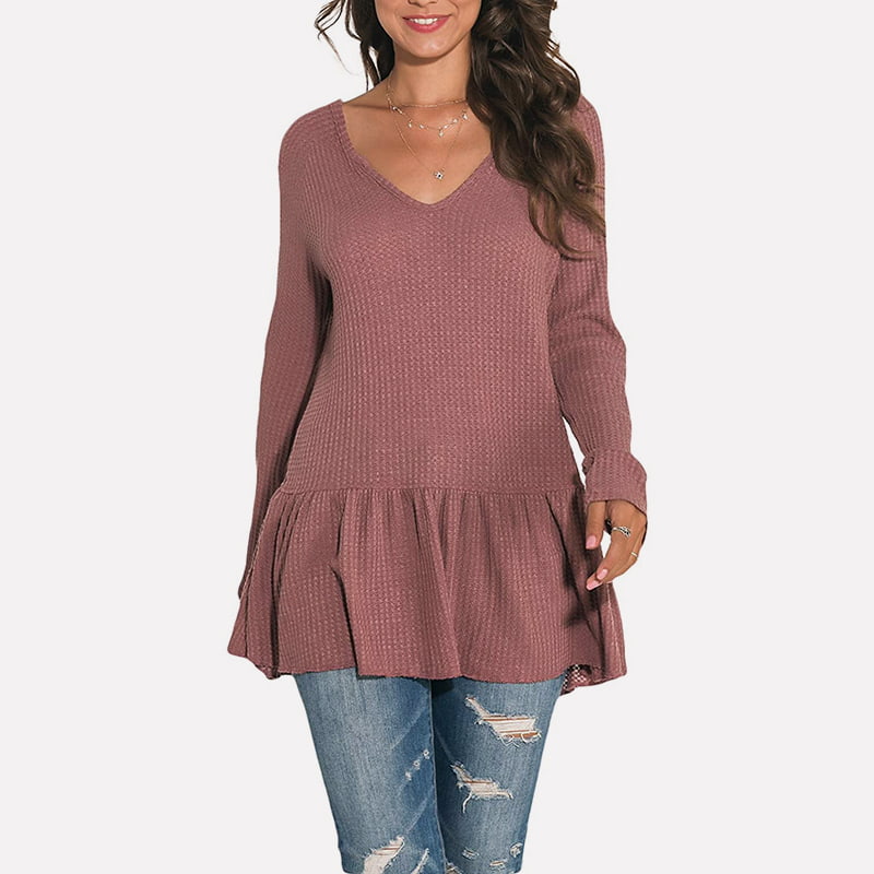 SM-K0096 Langer Strickpullover mit Volant und V-Ausschnitt, lässiger Pullover