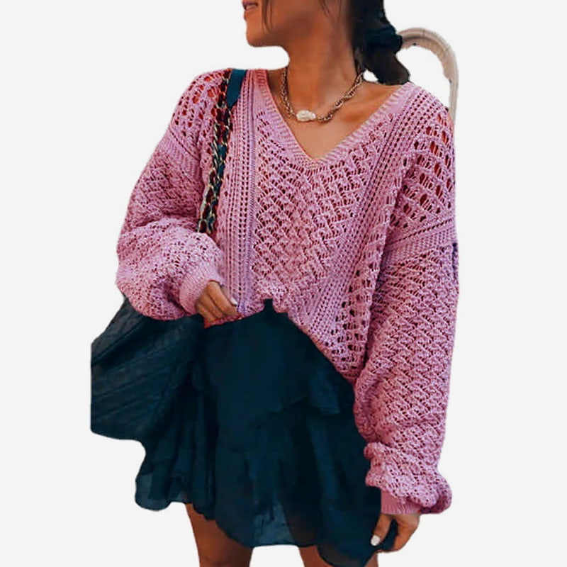 SM-K0082 Einfarbiger Hohlstrickpullover mit V-Ausschnitt SM-K0082 Einfarbiger Hohlstrickpullover mit V-Ausschnitt