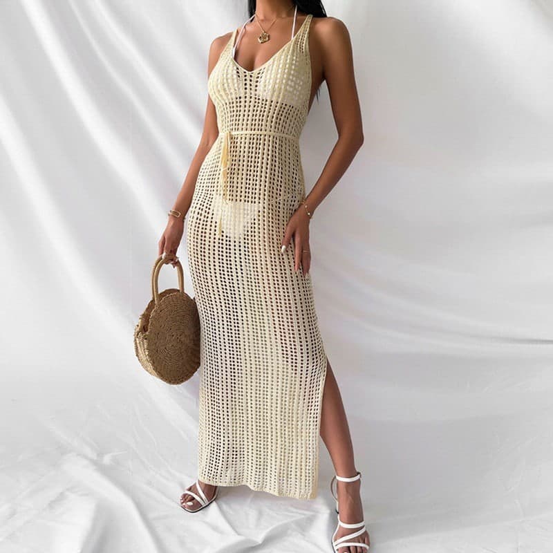 SM-K0109 Sexy Strickkleid mit ausgehöhltem Schlitz und Trägern