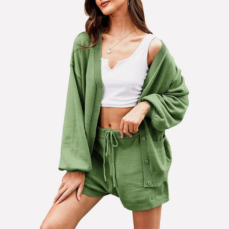 SM-K0092 Strickanzug mit V-Ausschnitt, Temperament, Laternenärmeln, Shorts, Jacke