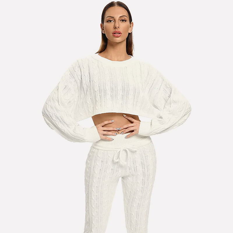 SM-K0094 Einfarbiger Strickanzug mit kurzer Taille und freiliegender Strickjacke und Hose. Zweiteiliger Strickanzug