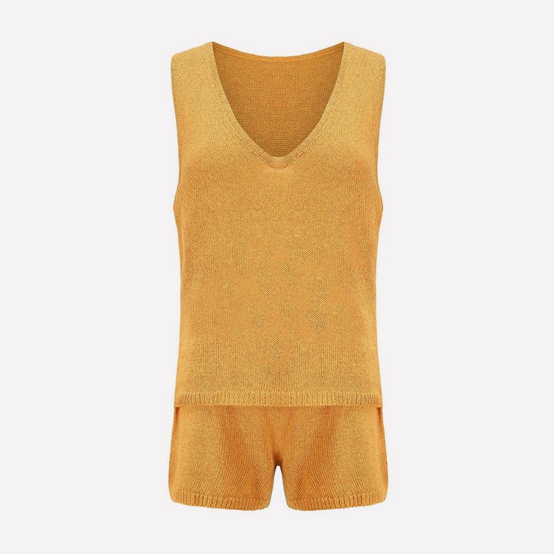 SM-K0102 Lässiger Strickanzug mit einfarbiger Feinstrickweste und Schnürshorts SM-K0102 Lässiger Strickanzug mit einfarbiger Feinstrickweste und Schnürshorts