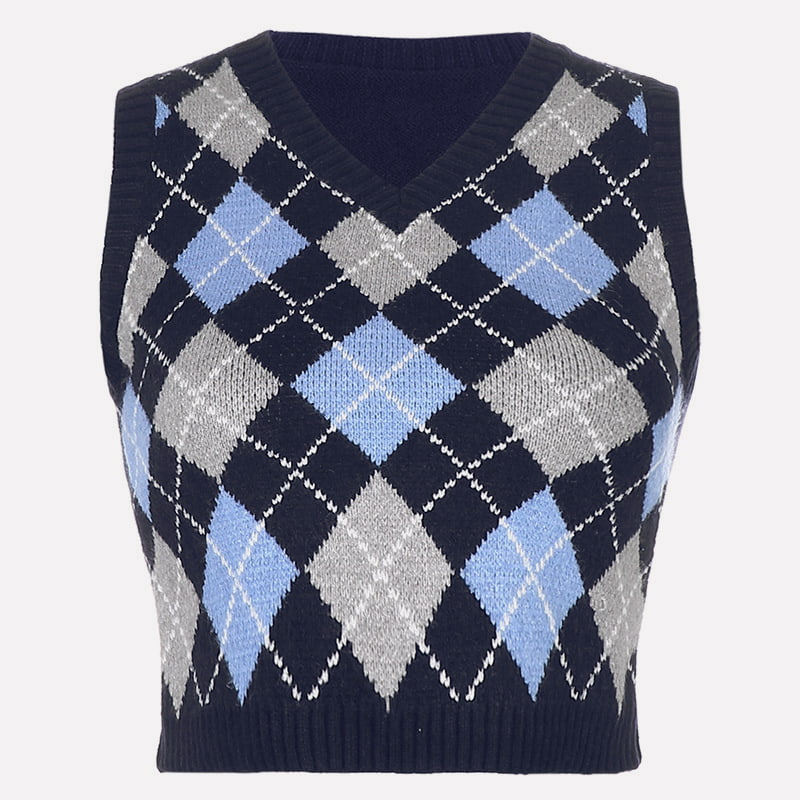 SM-K0058 Kurze Strickweste mit V-Ausschnitt und geometrischem Karomuster SM-K0058 Kurze Strickweste mit V-Ausschnitt und geometrischem Karomuster